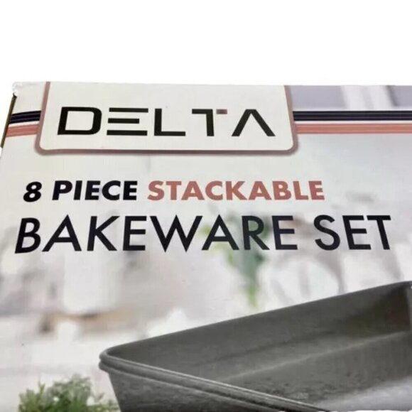 Delta 8 Piece Nonstick Stackable Bakeware Set Matte Black Rose Gold Trim NIB - Picture 8 of 13